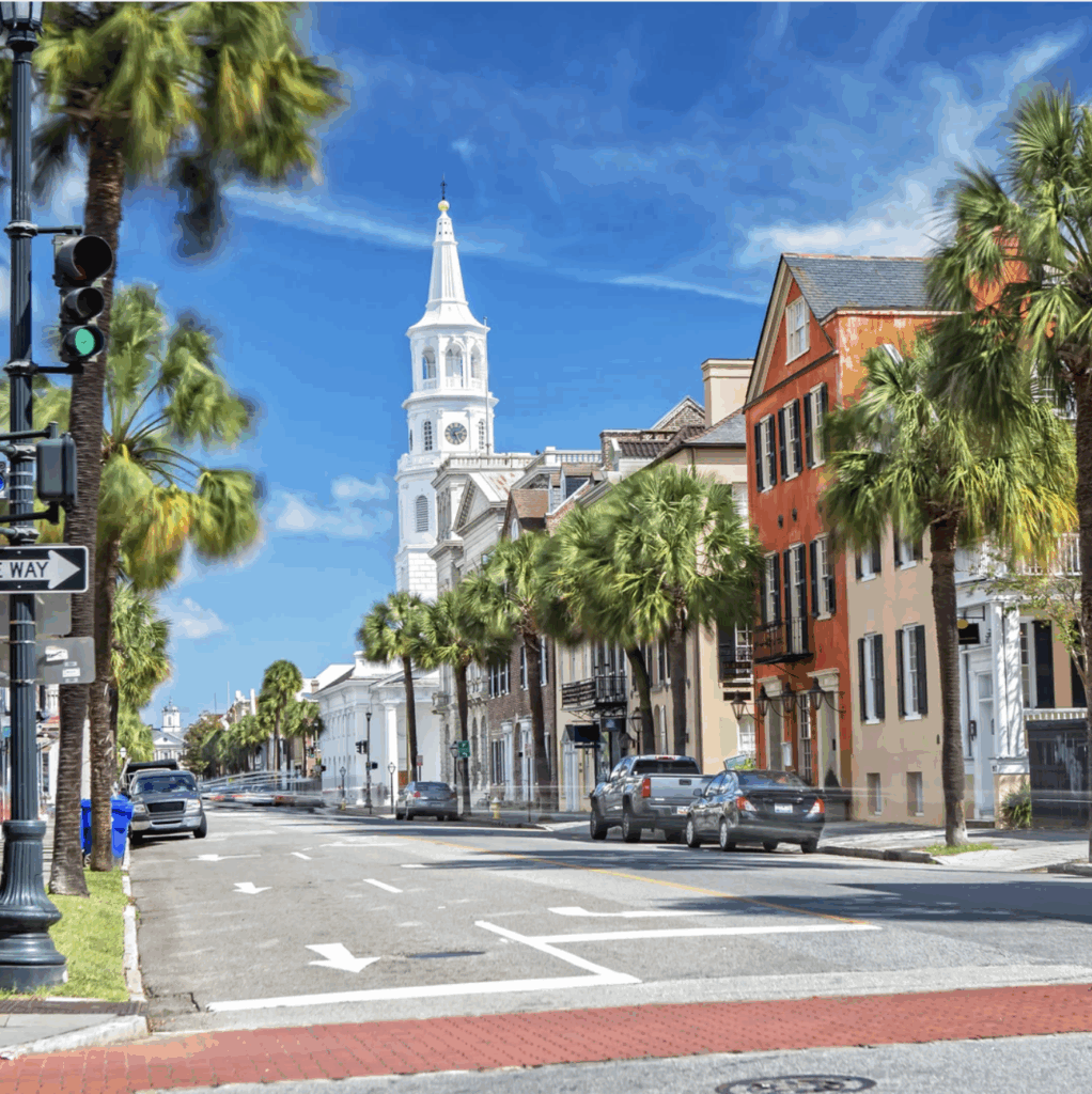 Historic Charleston, SC street with palm trees and colorful homes in Salty Dog Roofing & Siding’s Charleston service area