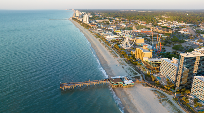 Aerial view of Myrtle Beach, South Carolina, featuring the coastline, boardwalk, pier, and oceanfront buildings along the Grand Strand.