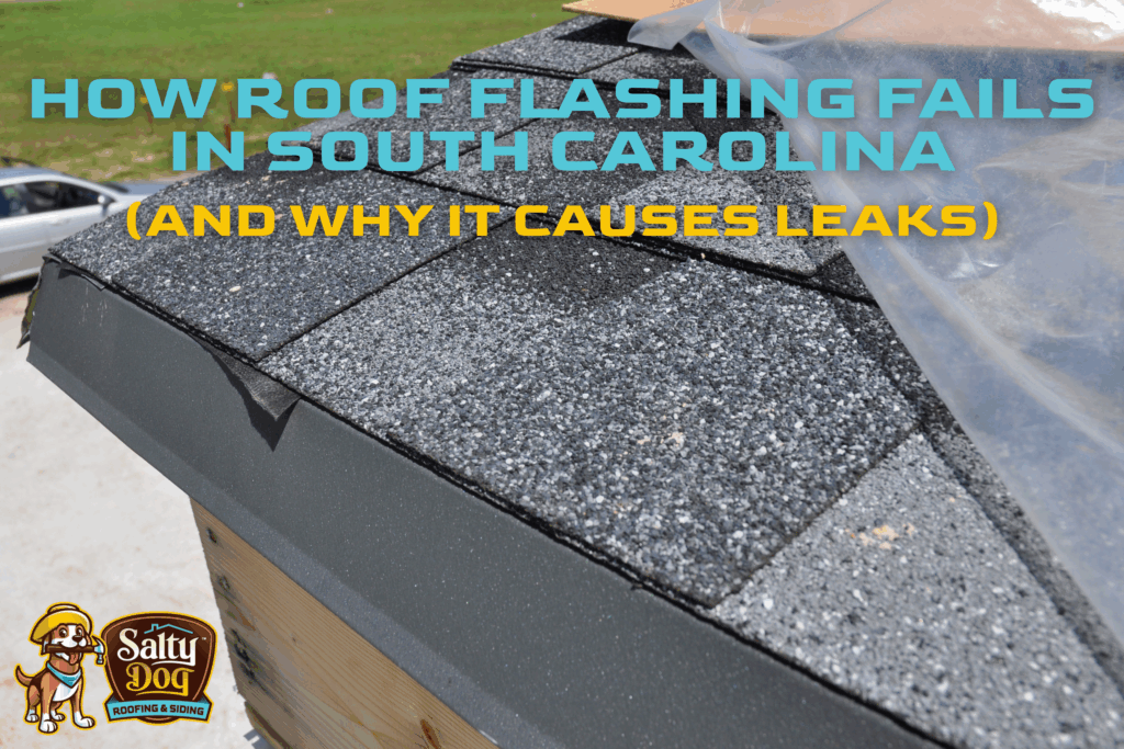 Salty Dog Roofing & Siding shows roof flashing failure causing leaks in South Carolina on a shingle roof edge