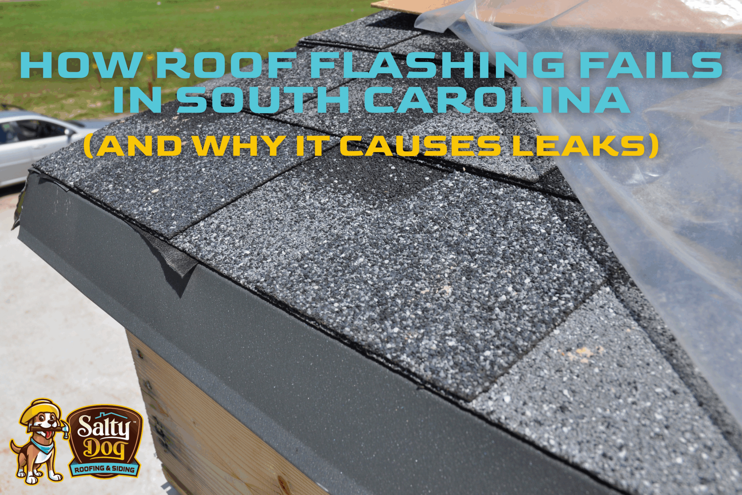 Salty Dog Roofing & Siding shows roof flashing failure causing leaks in South Carolina on a shingle roof edge