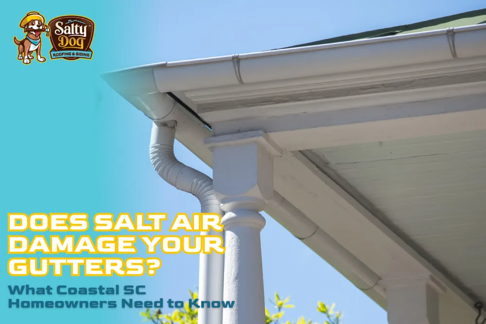 Salty Dog Roofing & Siding gutter system on a coastal home highlighting how salt air can damage gutters in South Carolina.