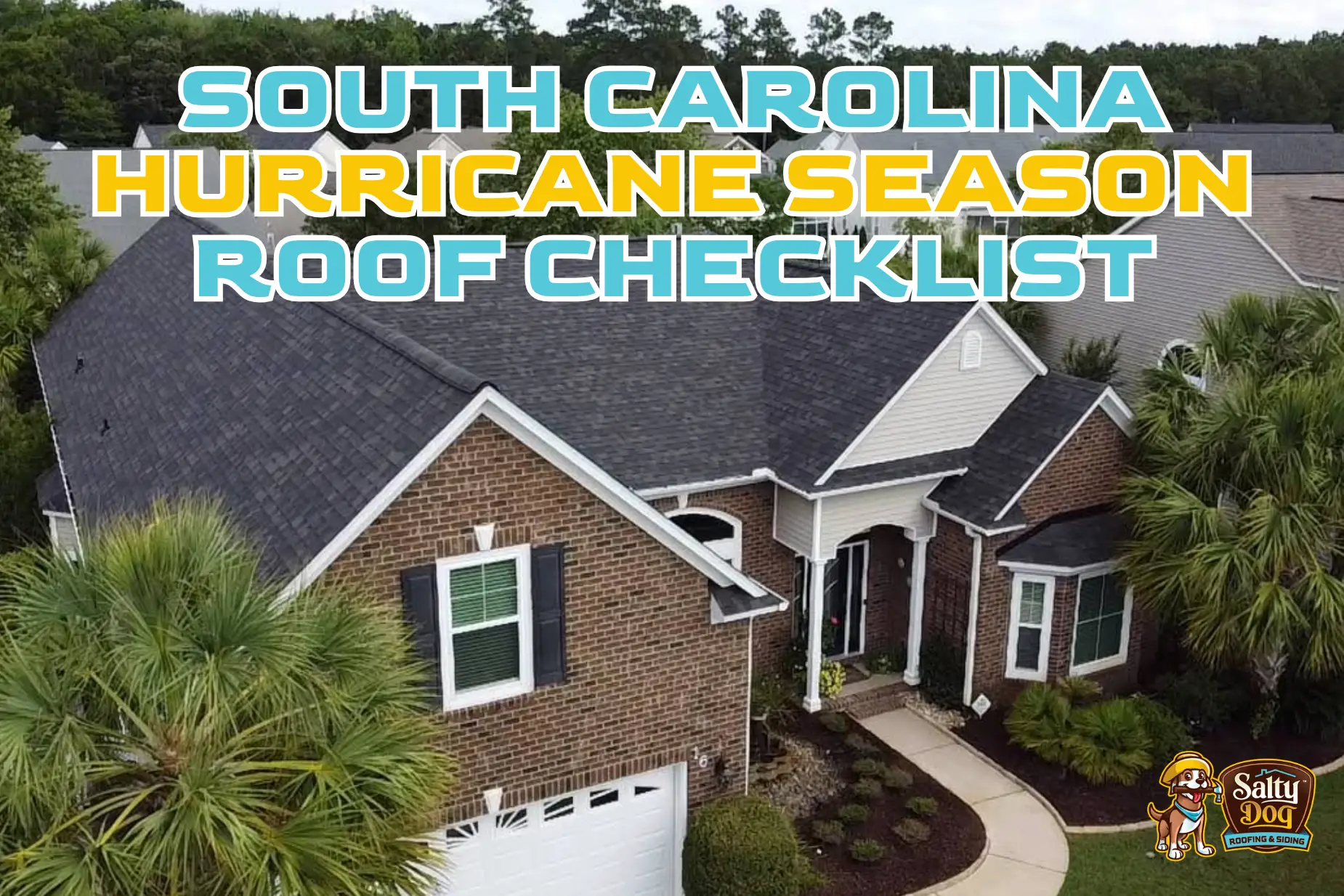 Drone view of a South Carolina home with an asphalt shingle roof, highlighting the importance of roof inspections and hurricane season preparation before the next coastal storm.