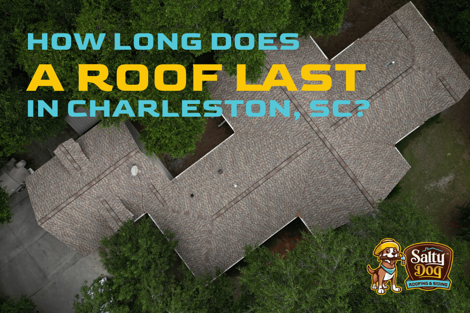 Aerial view of a residential asphalt shingle roof with text asking how long a roof lasts in Charleston, SC.